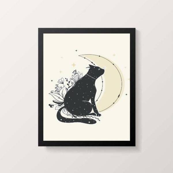 Quadro Decorativo Gato Com Lua 24x18cm - Com Vidro Moldura:ma