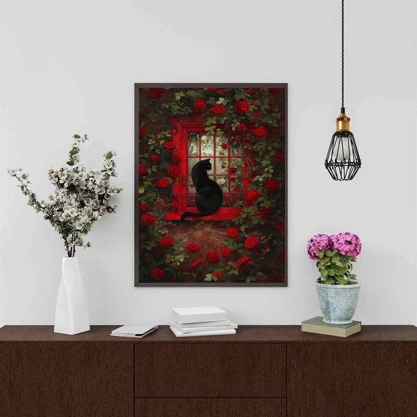 Quadro Decorativo Gato Com Rosas Vermelhas 33x24cm Moldura Br