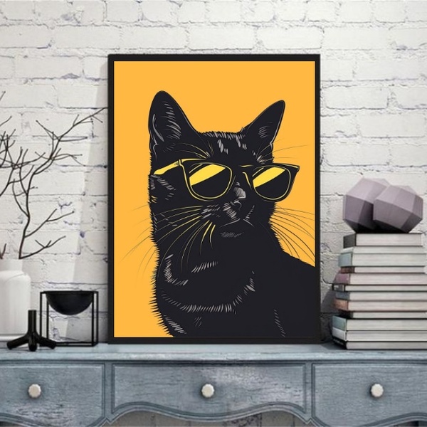 Quadro Decorativo Gato De Óculos Escuro 33x24cm Moldura Branca