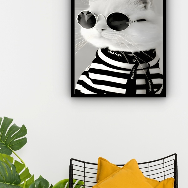 Quadro Decorativo Gato Fashion Óculos Preto  - 70x50cm Moldur