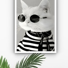 Quadro Decorativo Gato Fashion Óculos Preto  - 70x50cm Moldur