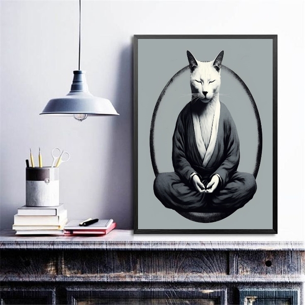 Quadro Decorativo Gato Fazendo Yoga 33x24cm - Com Vidro Moldu