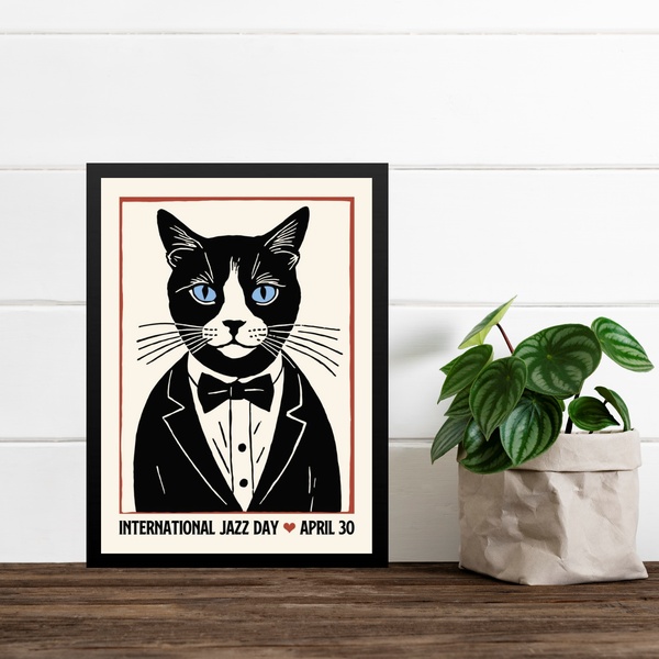 Quadro Decorativo Gato - Jazz Day 24x18cm - Com Vidro Moldura