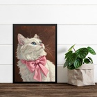 Quadro Decorativo Gato Laço De Fita Rosa 24x18cm Moldura Preta
