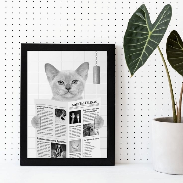 Quadro Decorativo Gato Lendo Jornal No Banheiro 45x34cm - Com
