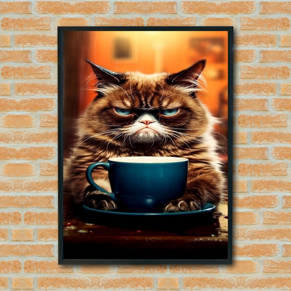 Quadro Decorativo Gato Mal-humorado Café  - 70x50cm Moldura B