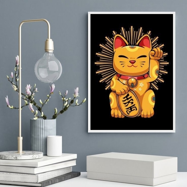 Quadro Decorativo Gato Maneki Neko 33x24cm Moldura:madeira Pr