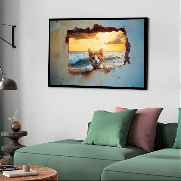 Quadro Decorativo Gato Muro Praia  - 50x70cm Moldura Branca