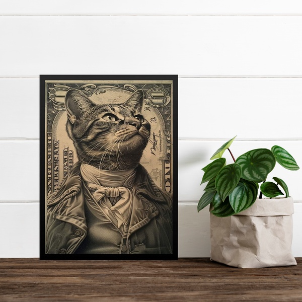 Quadro Decorativo Gato Na Nota De Dólar 33x24cm Moldura Branca