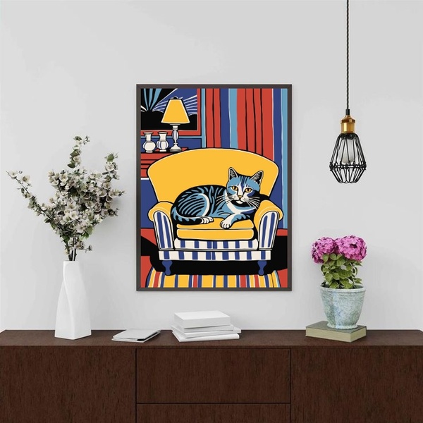 Quadro Decorativo Gato Na Sala 24x18cm Moldura Branca