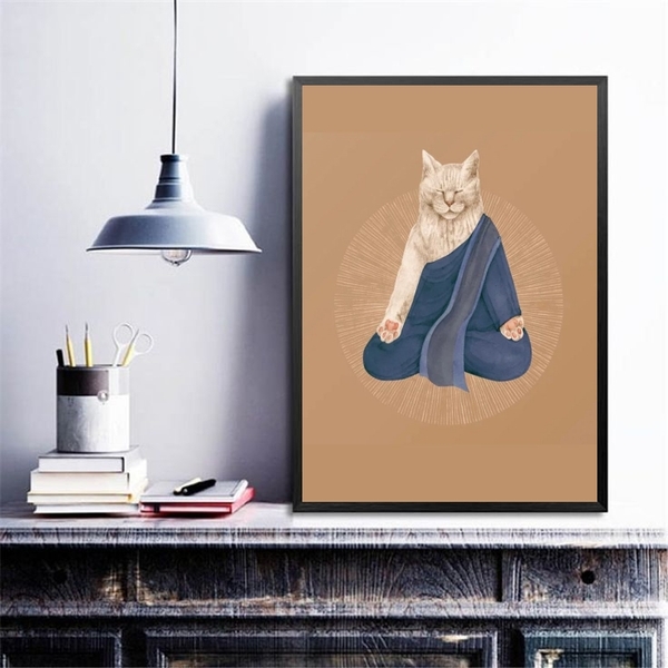 Quadro Decorativo Gato Praticando Yoga 33x24cm Moldura:madeir