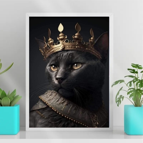 Quadro Decorativo Gato Preto Com coroa 24x18cm - Com Vidro Mo
