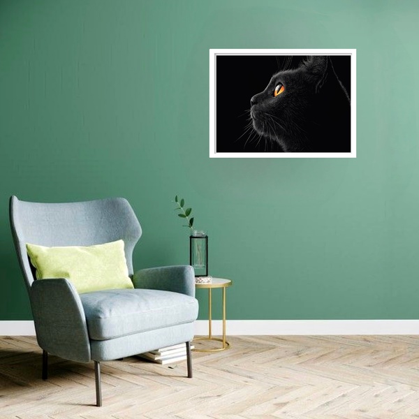 Quadro Decorativo Gato Preto Olhar  - 50x70cm Moldura Branca