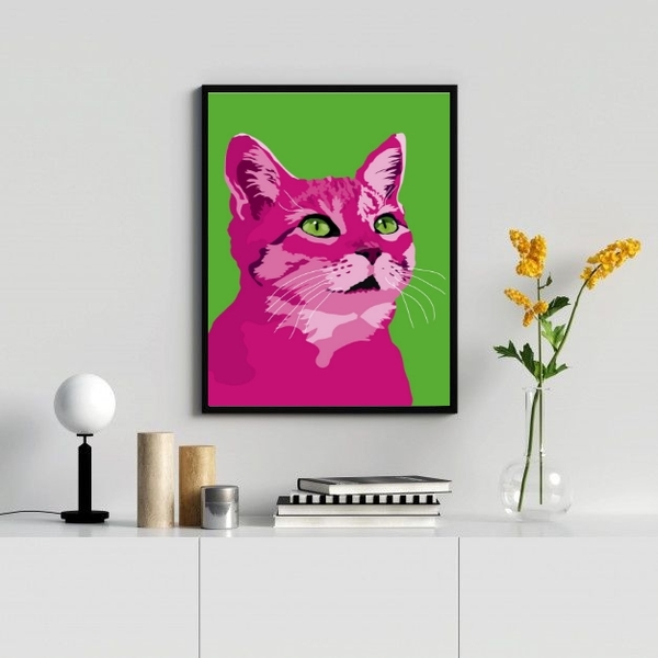Quadro Decorativo Gato Rosa Pop Art 45x34cm - Com Vidro Moldu