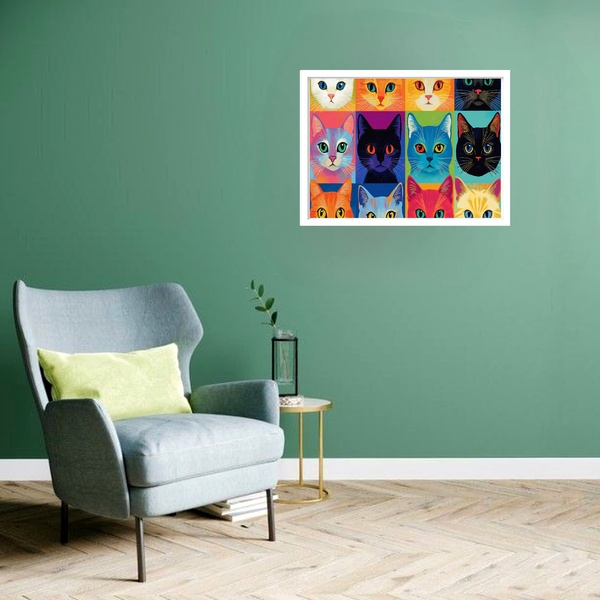 Quadro Decorativo Gatos Olhares Coloridos  - 50x70cm Moldura