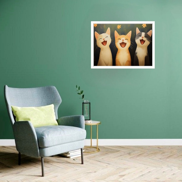Quadro Decorativo Gatos Sorrisos  - 50x70cm Moldura Branca