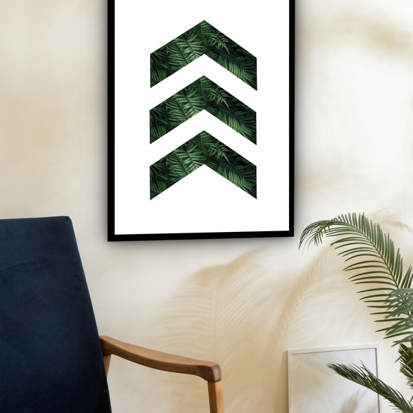 Quadro Decorativo Geométrico Folhas  - 70x50cm Moldura Branca