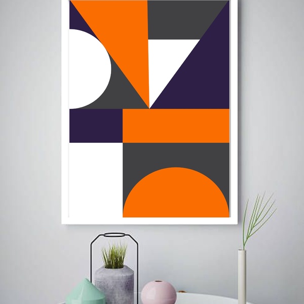 Quadro Decorativo Geométrico Laranja Branco  -70x50cm Moldura