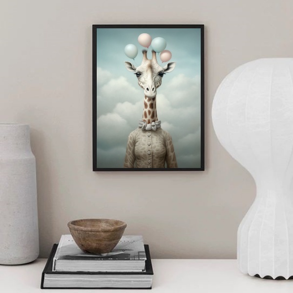 Quadro Decorativo Girafa Com Balões 45x34cm Moldura Branca