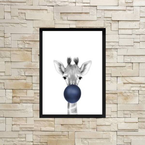 Quadro Decorativo Girafa Com Chiclete Azul Marinho 45x34cm A3