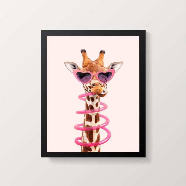 Quadro Decorativo Girafa Com Óculos 24x18cm - Com Vidro Moldu
