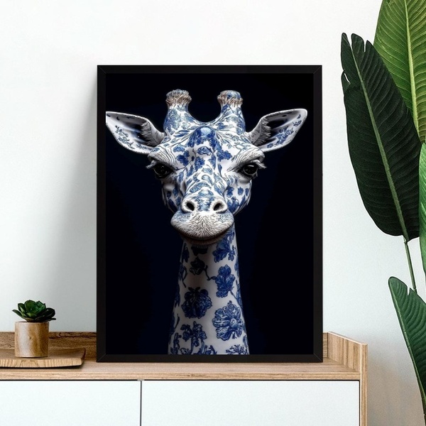 Quadro Decorativo Girafa Estampa Flores Azuis 45x34cm Moldura