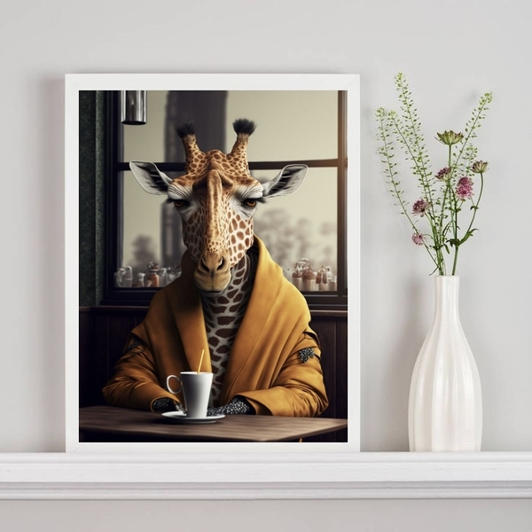 Quadro Decorativo Girafa Tomando Café 24x18cm Moldura:madeira