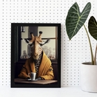 Quadro Decorativo Girafa Tomando Café 33x24cm - Com Vidro Mol