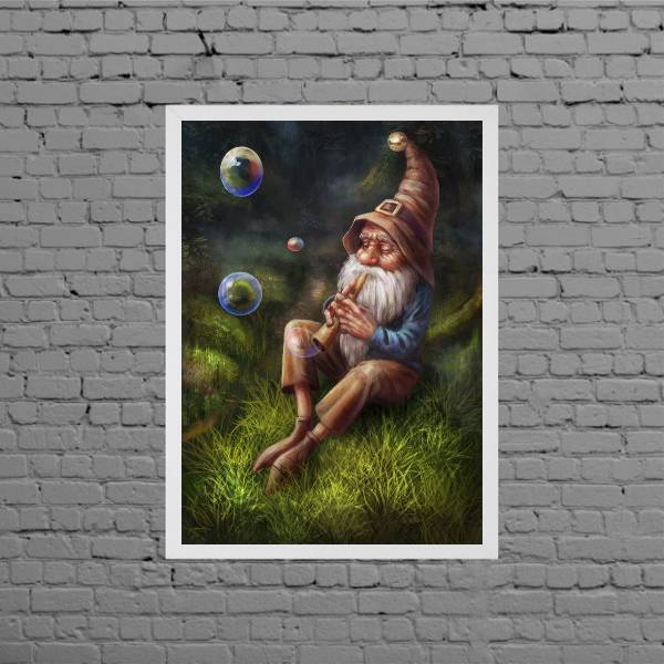 Quadro Decorativo Gnomo Floresta 45x34cm Moldura:madeira Preta