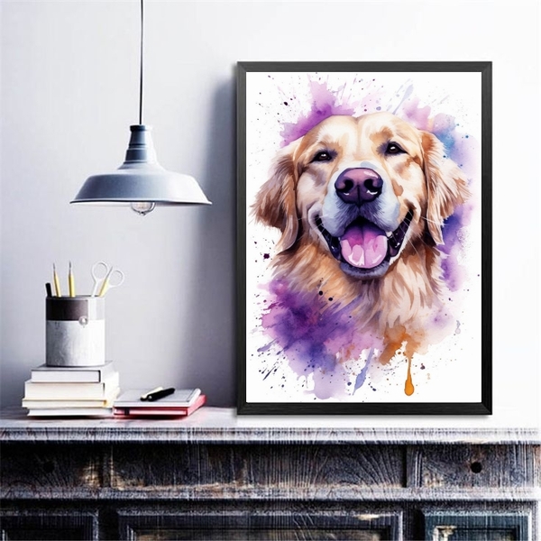 Quadro Decorativo Golden Retriever Happy Aquarela 45x34cm - C