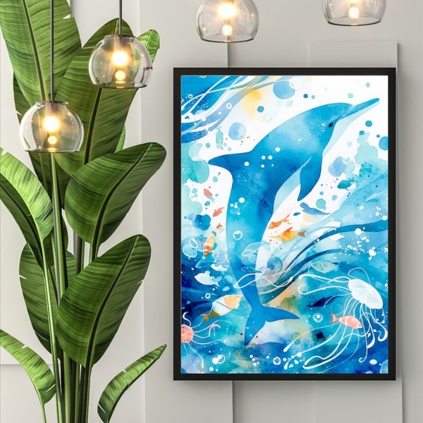 Quadro Decorativo Golfinho Abstrato 33x24cm Moldura Branca