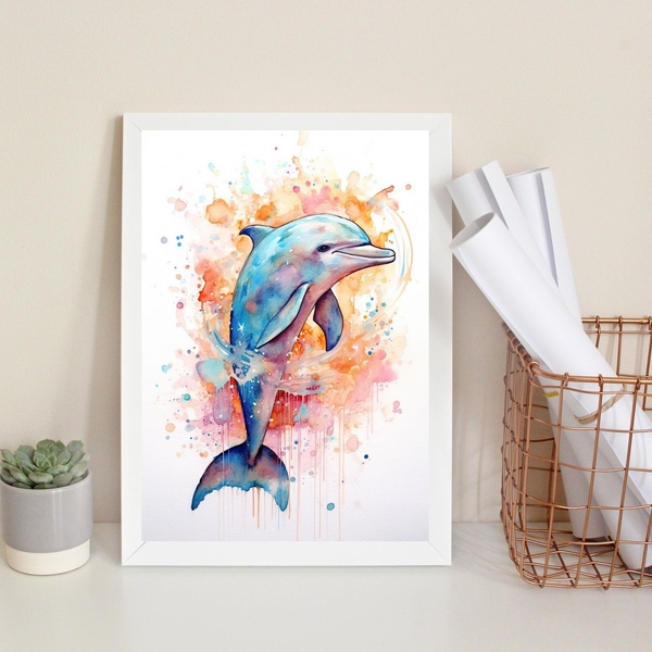 Quadro Decorativo Golfinho Colorido- Aquarela 45x34cm Moldura
