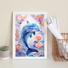 Quadro Decorativo Golfinho Floral 45x34cm - Com Vidro Moldura