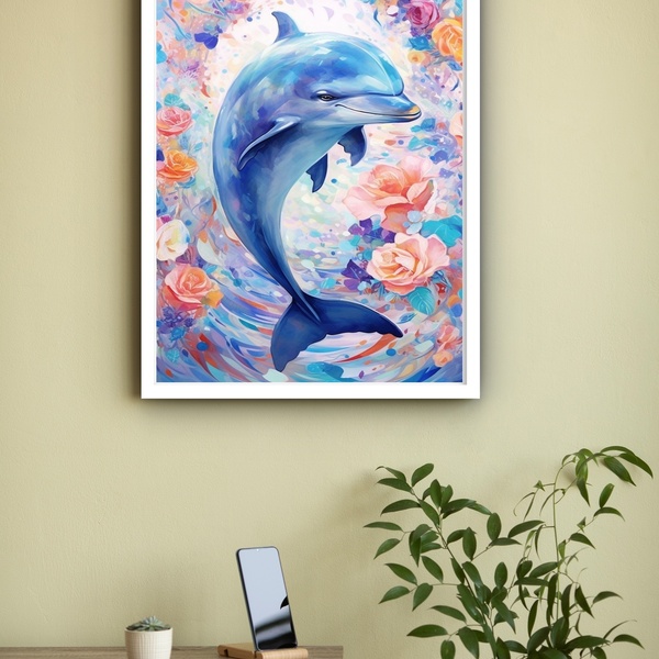 Quadro Decorativo Golfinho Rosas  - 70x50cm Moldura Preta