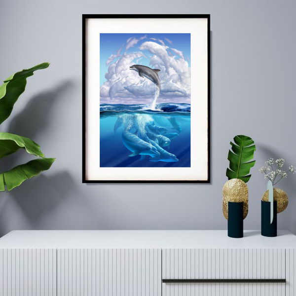 Quadro Decorativo Golfinhos Céu Azul - 60x48cm Moldura:madeir