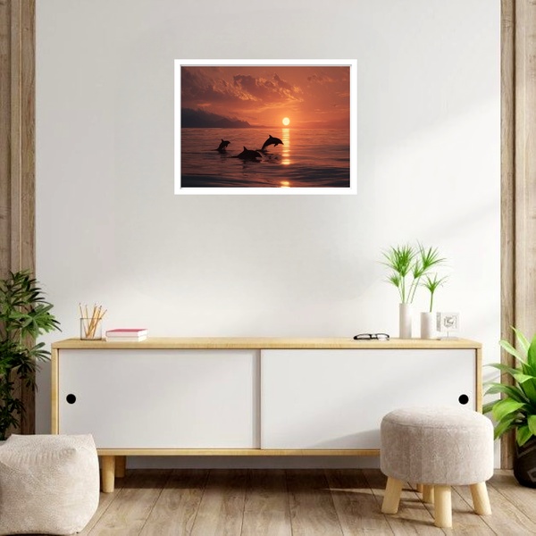 Quadro Decorativo Golfinhos Pôr Do Sol  - 50x70cm Moldura Pre