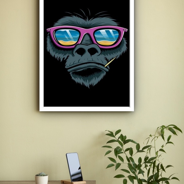 Quadro Decorativo Gorila Óculos Rosa  - 70x50cm Moldura Preta