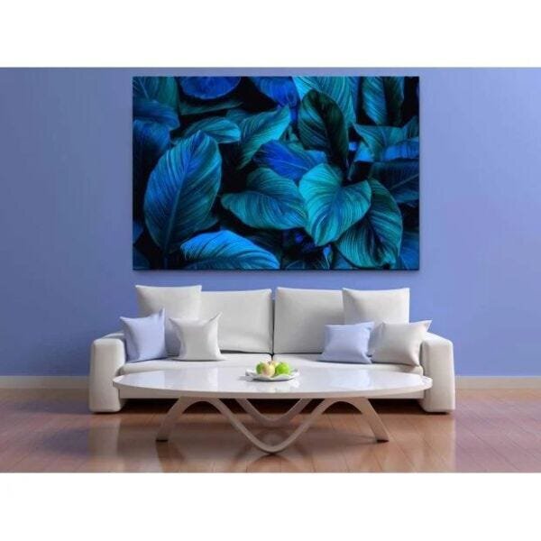 Quadro Decorativo Grande Vegetação Folhas Tons Azuis - 150x80