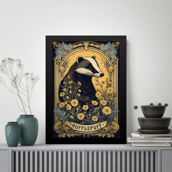Quadro Decorativo Guaxinim Hufflepuff 45x34cm Moldura Preta