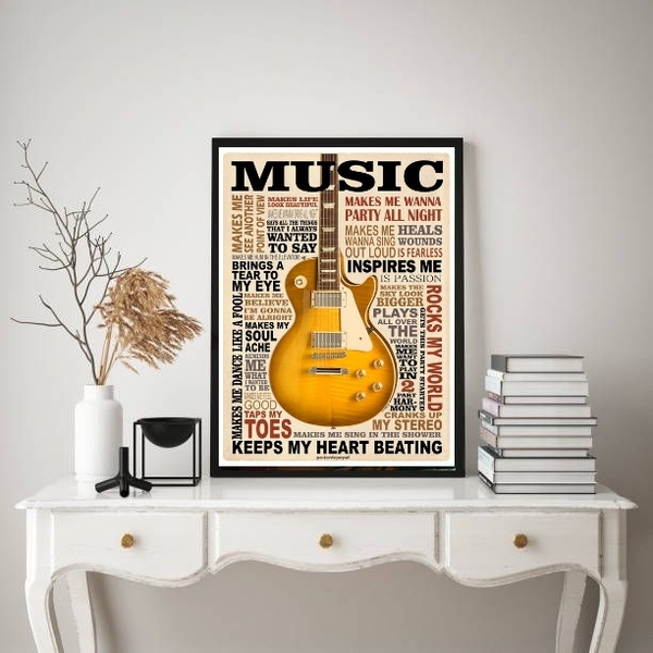 Quadro Decorativo Guitarra Music amarela 24x18cm - Com Vidro
