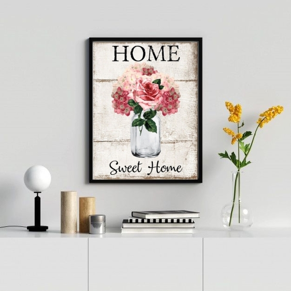 Quadro Decorativo Home Sweet Home- Flores 24x18cm - Com Vidro