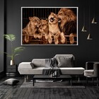 Quadro Decorativo Horizontal Família Quatro Leões Com Moldura