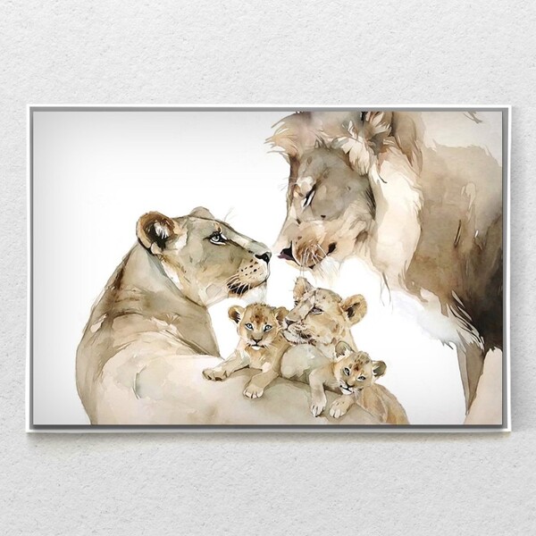 Quadro Decorativo Horizontal Moderno Family Lion Com Moldura