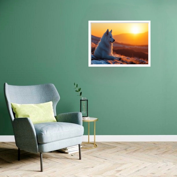 Quadro Decorativo Husky Albino Sol  - 50x70cm Moldura Branca