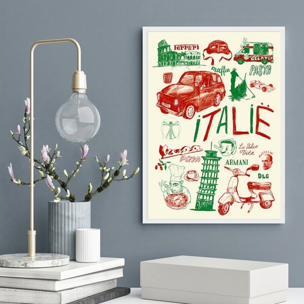 Quadro Decorativo Ícones Da Itália 24x18cm - Com Vidro Moldur