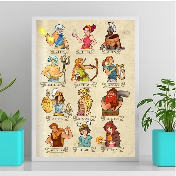 Quadro Decorativo Ilustração Deuses Gregos 45x34cm - Com Vidr
