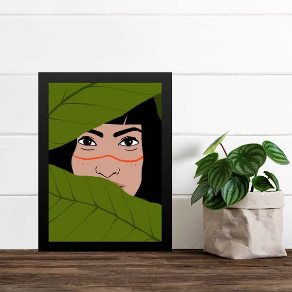 Quadro Decorativo Índia Yanomami 33x24cm Moldura Preta