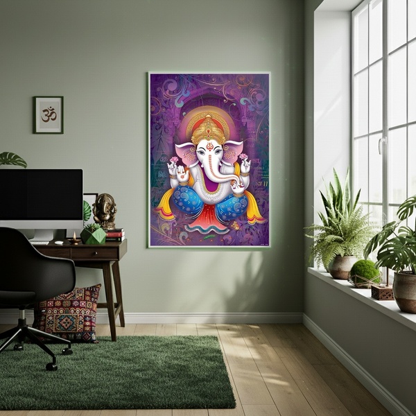 Quadro Decorativo Indiano Ganesha  - 70x50cm Moldura Preta