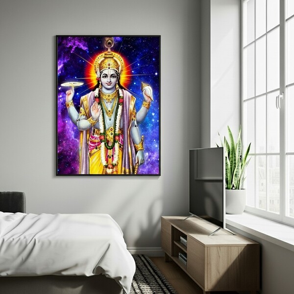 Quadro Decorativo Indiano Vishnu  - 70x50cm Moldura Branca