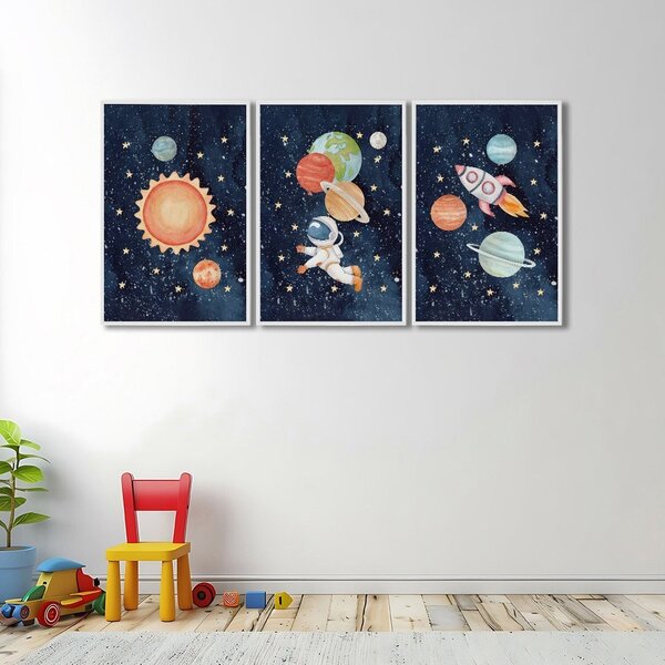 Quadro Decorativo Infantil Aventura Espacial Com 3 Telas 60x9